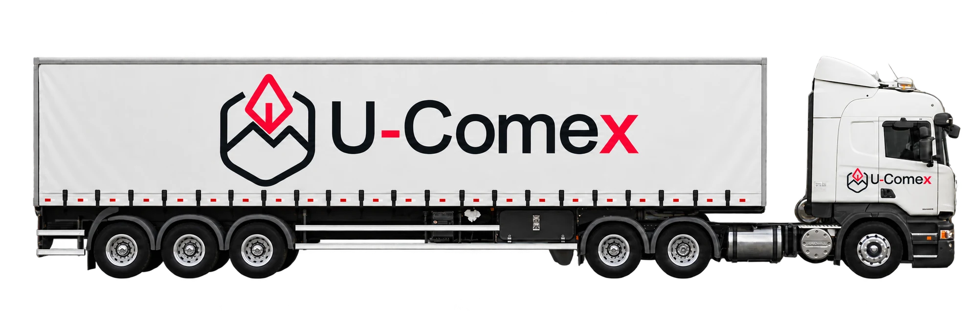 Semirremolque con lona de perfil con logo U-COMEX rojo y gris oscuro; configuración de referencia