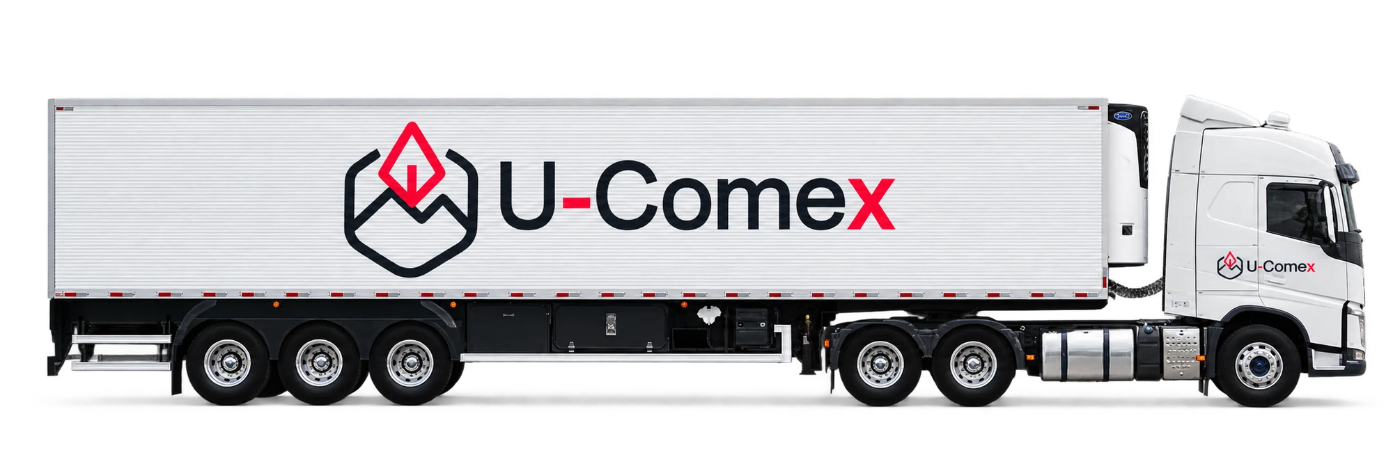 Semirremolque refrigerado de perfil con logo U-COMEX rojo y gris oscuro; configuración de referencia
